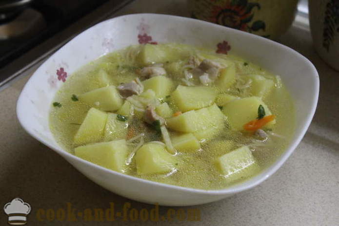 Rezanci juha s piščancem in krompirjem - kako pripraviti okusno krompirjevo juho z rezanci in piščancem, s korak za korakom receptov fotografije
