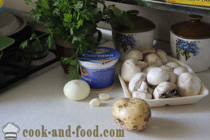 Krompir z gobami s kislo smetano in česen - kako kuhati krompir z gobami v ponvi, korak za korakom receptov fotografije