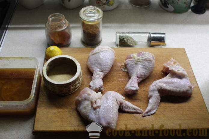 Mariniran piščanec mariniran v medu - kako marinirati piščanca v marinado iz medu in začimb, s korak za korakom receptov fotografije