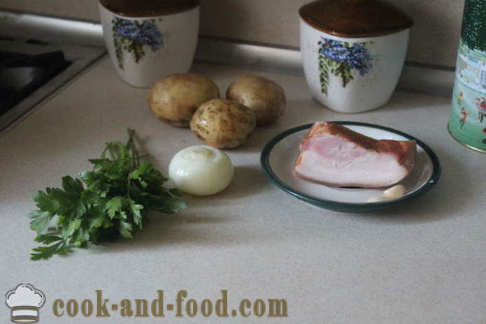 Okusni krompir s česnom in slanino - kako kuhati okusno novih krompir, korak za korakom receptov fotografije