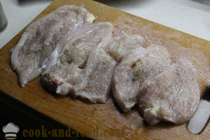Domač piščanec roll polnjene s špinačo - kako narediti zvitke piščančjih prsi v pečici, s korak za korakom receptov fotografije