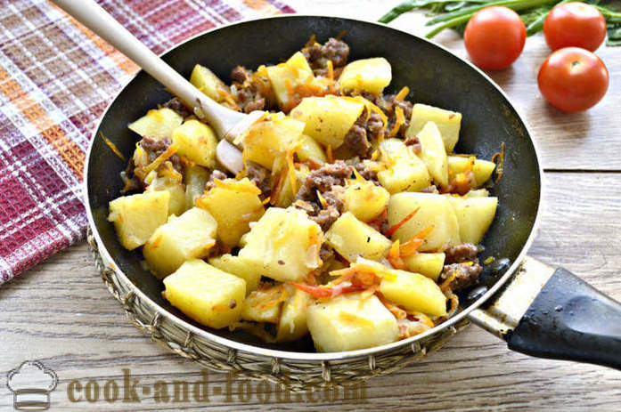 Krompir dušena z mesom in zelenjavo - kako kuhati okusne krompir v ponvi, korak za korakom receptov fotografije