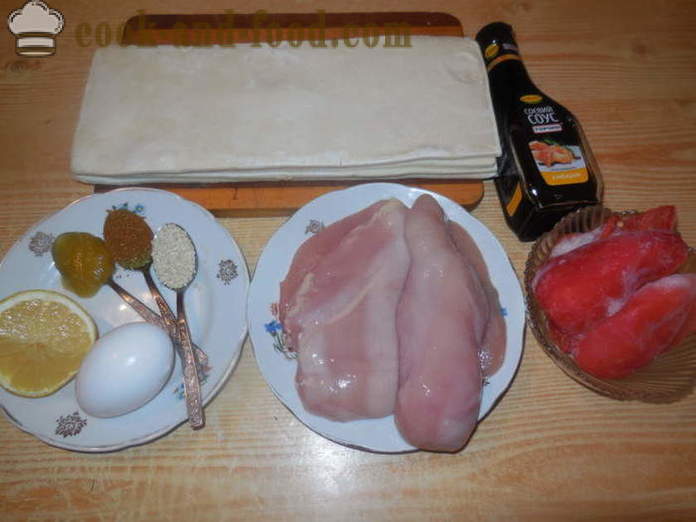 Piščanec v listnatem testu v pečici na nabodala - kako kuhati piščanca na nabodala, korak za korakom receptov fotografije