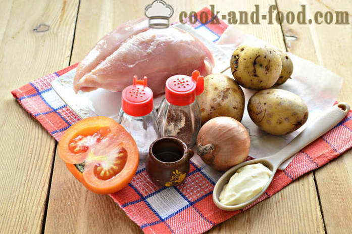 Pečen krompir s piščancem in paradižnikom - kako speči piščanca v pečici s krompirjem, korak za korakom receptov fotografije