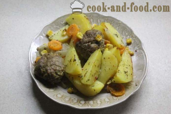 Mesne kroglice pečene v pečici s krompirjem in zelenjavo - kako kuhati mesne kroglice v pečici, s korak za korakom receptov fotografije