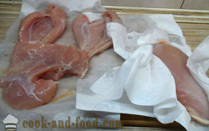 Nekuhano sunkovito piščančje prsi doma - kako narediti sunkovito piščanec doma, korak po korak receptov fotografije