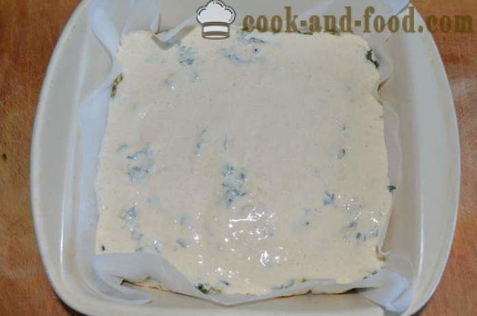 Hitra torta polnilo na jogurt s špinačo, jajcem in zeleno čebulo - kako pripraviti eliranega torto z kefir, korak za korakom receptov fotografije