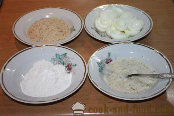Egg paniran, polnjene s piščancem jeter - kako kuhati jajca, paniran, s korak za korakom receptov fotografije