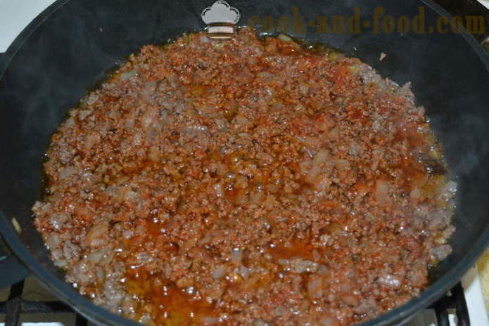 Makaroni pečenje z mletim mesom in bešamel omako - kako kuhati testenine pečenje v pečici, s korak za korakom receptov fotografije
