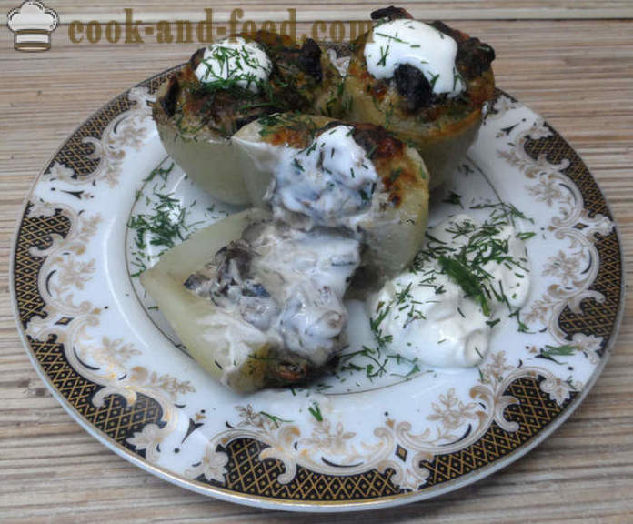 Pečen krompir, polnjene z gobami in sirom - kako kuhati krompir polnjene z gobami, korak za korakom receptov fotografije