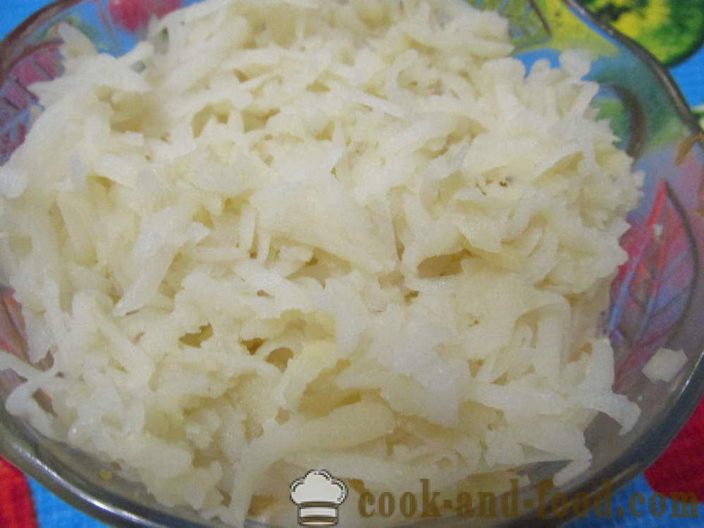 Mimoza solata z pločevinkah in topljenega sira - kako pripraviti solato z Mimosa pločevinkah brez olja, korak za korakom receptov fotografije