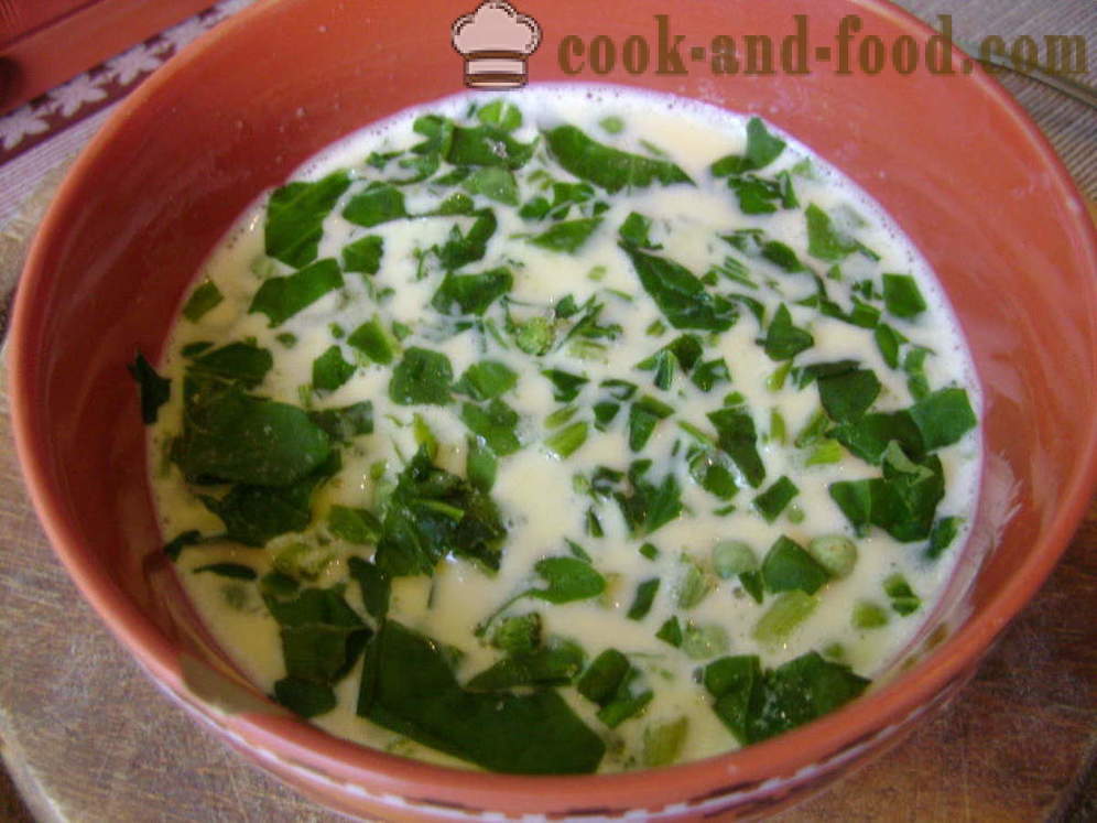 Bujne umešana jajca z mlekom, špinačo in grah - kako narediti puhasto omleta v ponvi, s korak za korakom receptov fotografije