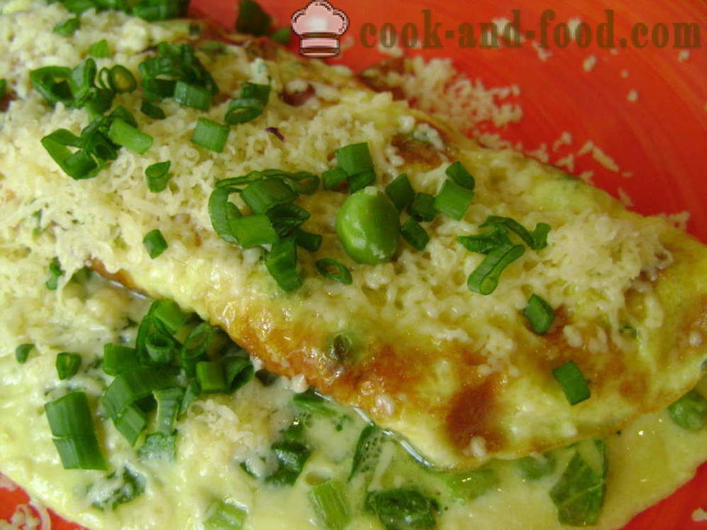 Bujne umešana jajca z mlekom, špinačo in grah - kako narediti puhasto omleta v ponvi, s korak za korakom receptov fotografije