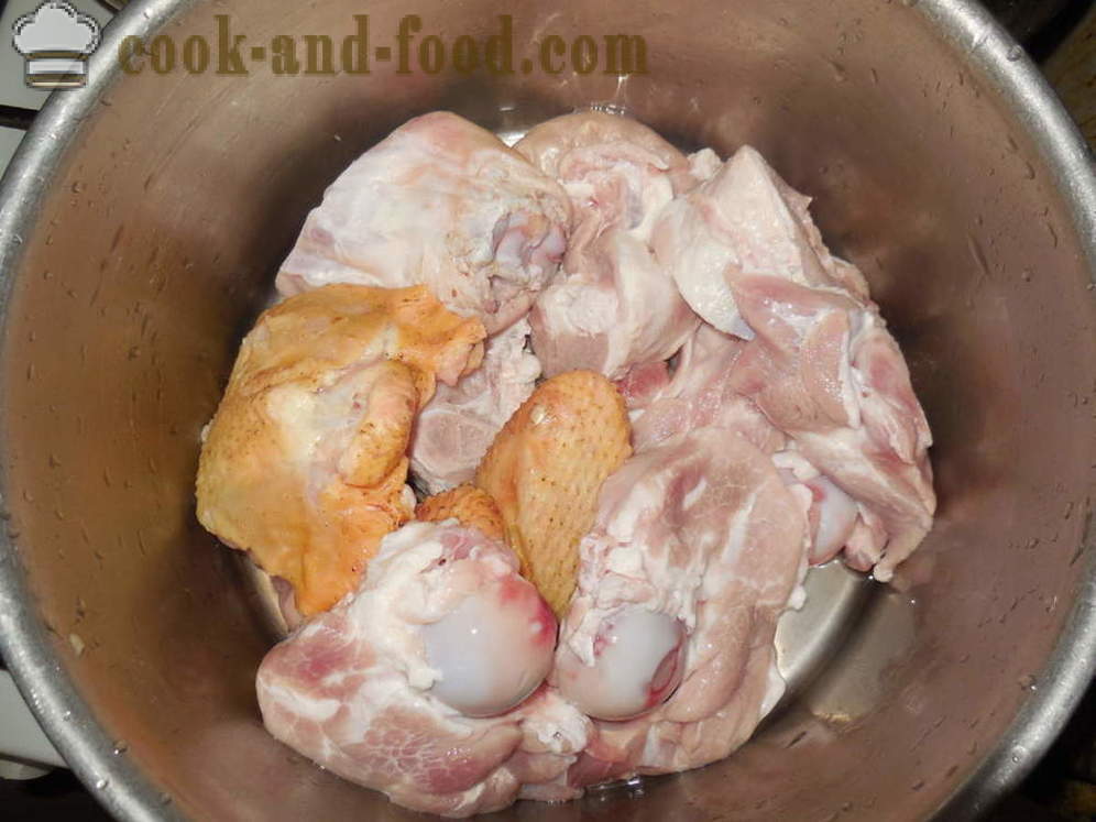Domače eliranega piščanec brez želatine - kako pripraviti želirano piščančje in svinjsko multivarka-štedilnik, korak za korakom receptov fotografije