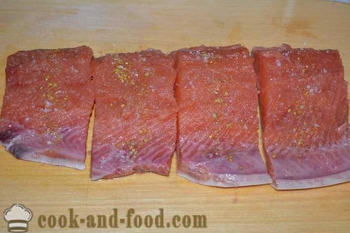 Pink losos z zelenjavo pečen v pečici - kako kuhati sočno roza lososa v pečici, s korak za korakom receptov fotografije