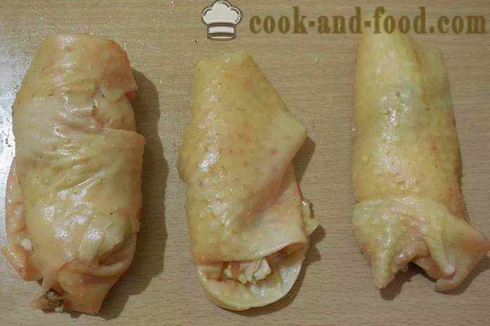 Delicious roll v piščančji koži, polnjene z drobovino in proso - kako kuhati hlebec recept s fotografijo