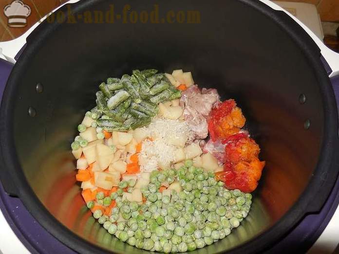 Okusna zelenjavna juha z mesom v multivarka - korak za korakom receptu s fotografijami, kako kuhati zelenjavna juha z zamrznjenega graha in stročjega fižola
