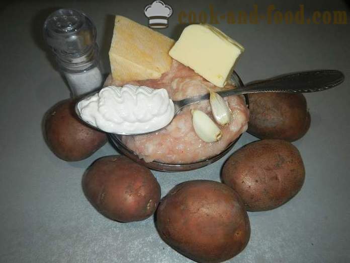 Pečen krompir z mletim mesom in sirom - kot pečen krompir v pečici, v receptu korak za korakom s fotografijami.