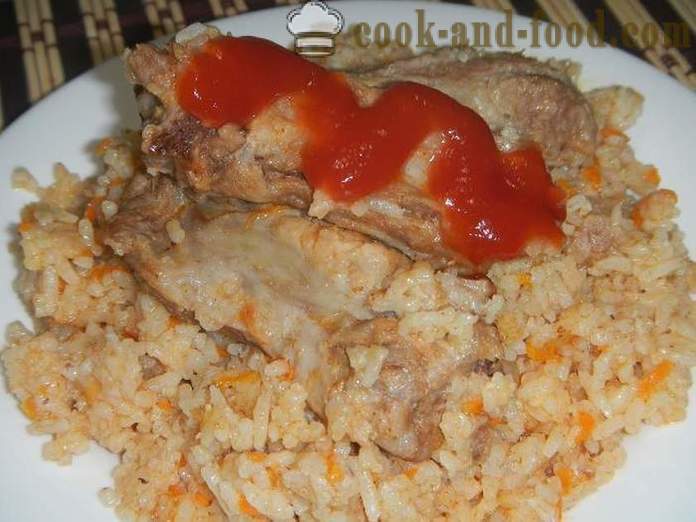 Svinjsko meso in hrustljavo riž v multivarka - kako kuhati riž z mesom v multivarka, korak za korakom recept s fotografijami.