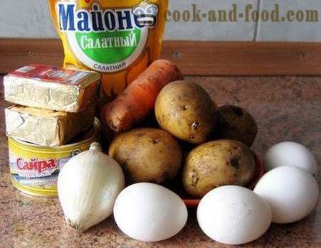Mimosa solata - turn-temelji klasični recept z sir, maslo, konzervirane hrane in krompirja (foto, video)