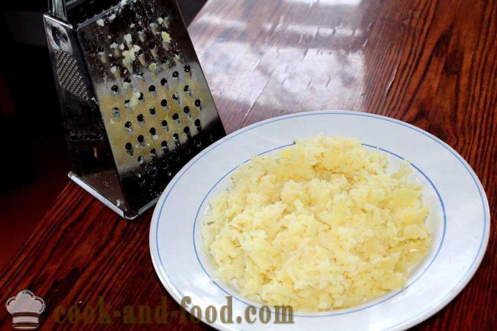 Mimoza solata z Paščuka in krompirjem - kako narediti Mimoza solata s krompirjem in Paščuka, korak za korakom receptov fotografije